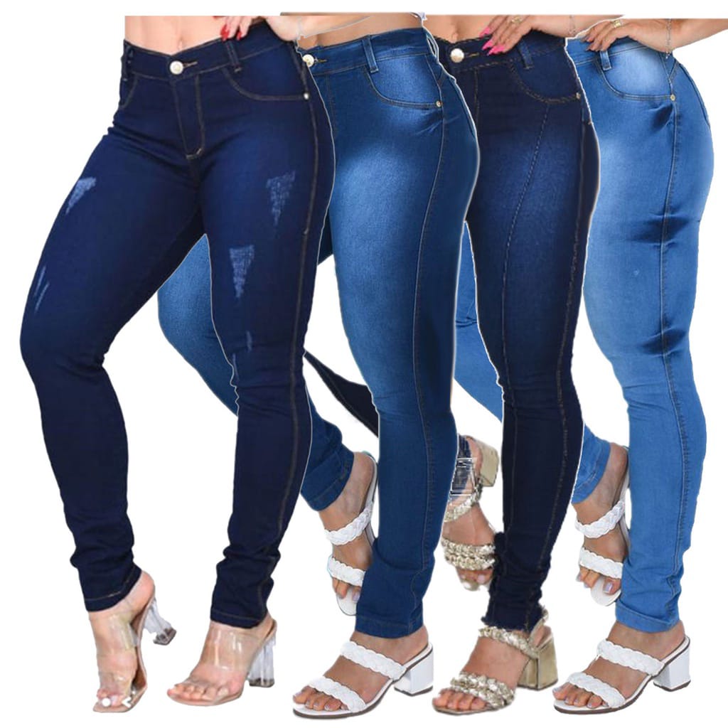 kit 4 Calças Jeans Feminina Skinny Cós Alto que empina Hot Pants Cintura Alta Com Lycra Strech em Oferta na Shopee