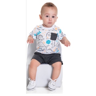 Conjunto masculino 8626 menino bebe camiseta meia malha bermuda moletinho infantil verão dino dinossauro