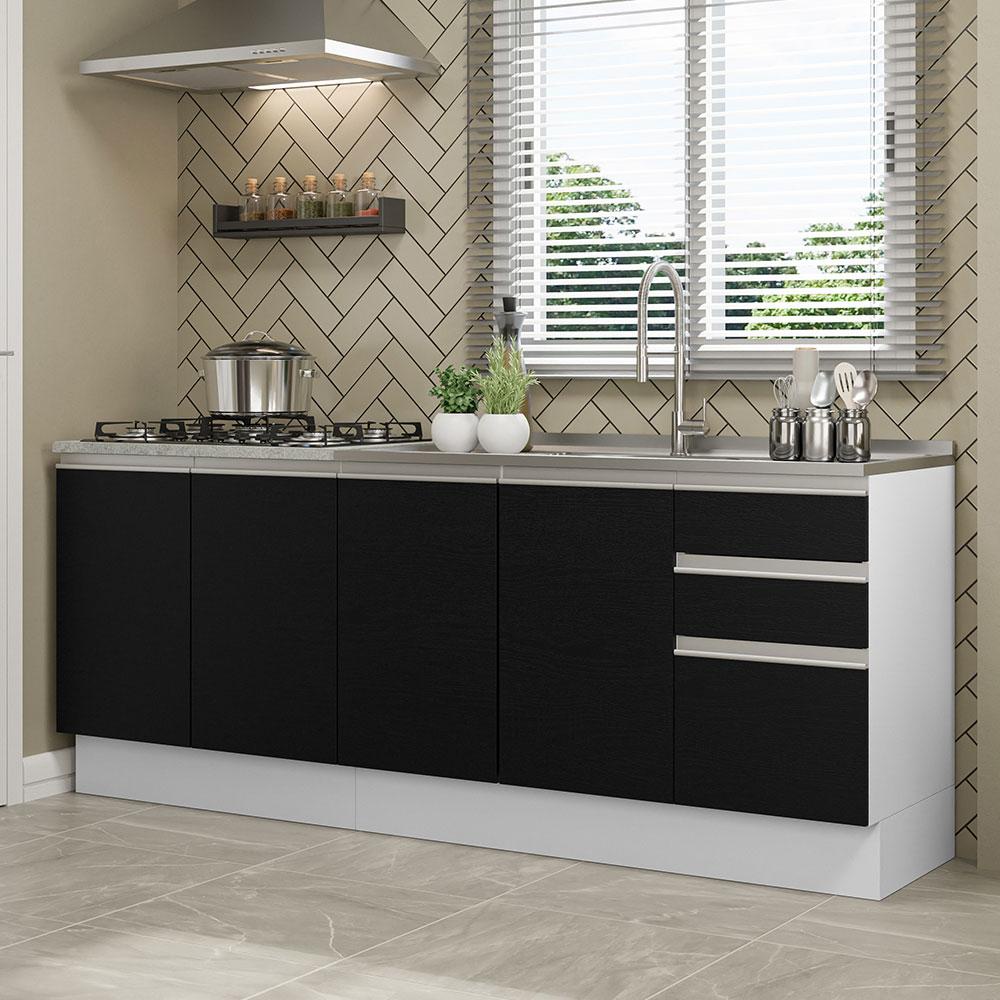 Kit com 2 Balcões de Cozinha Madesa Glamy 4 Portas 3 Gavetas (Sem Tampo e Pia) - Branco/Preto - Home & Living