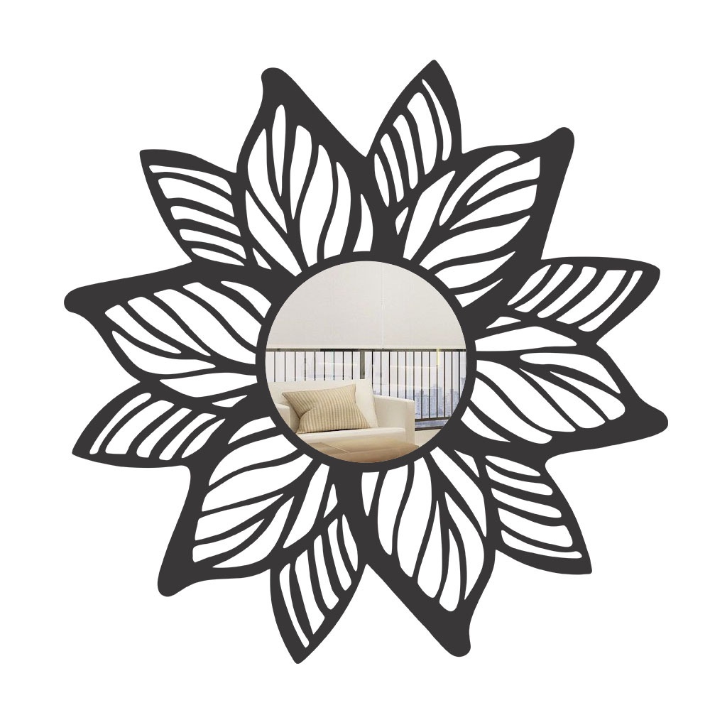 Imagem Espelho Decorativo Mandala Folhas MDF Preto Fosco em 3 Tamanhos