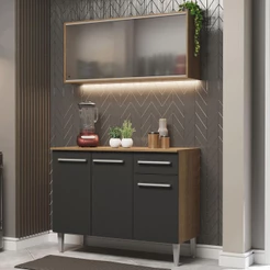 Armário de Cozinha Compacta Emilly 105cm com Armário e Balcão Rustic/Preto Emilly Madesa 01