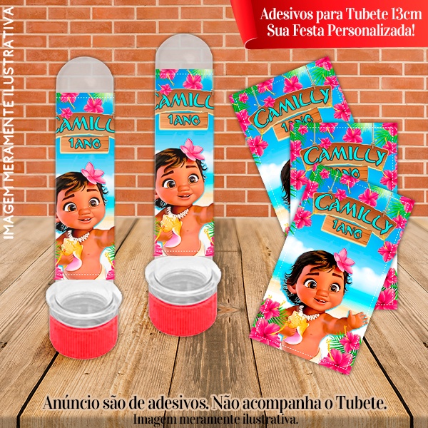 Rótulos adesivos para tubetes de 13 cm Personalizados Moana Baby