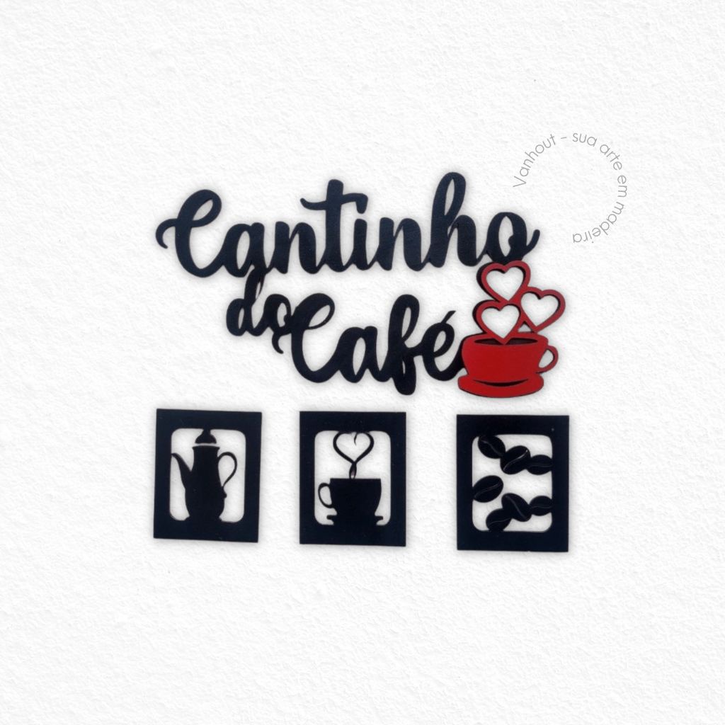 Kit Cantinho Do Café Mdf Alto Relevo Preto E Xicara Vermelha 30x30cm Decoração