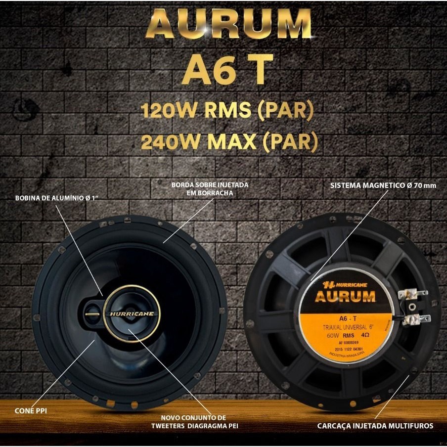 Detalhes do Par De Alto Falante Hurricane Triaxial A6t 6'' 120 Rms Aurum