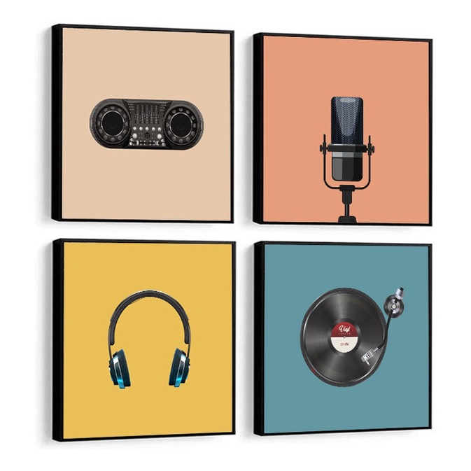 Quadro Decorativo Música Rádio Mic Fone Disco Colorido