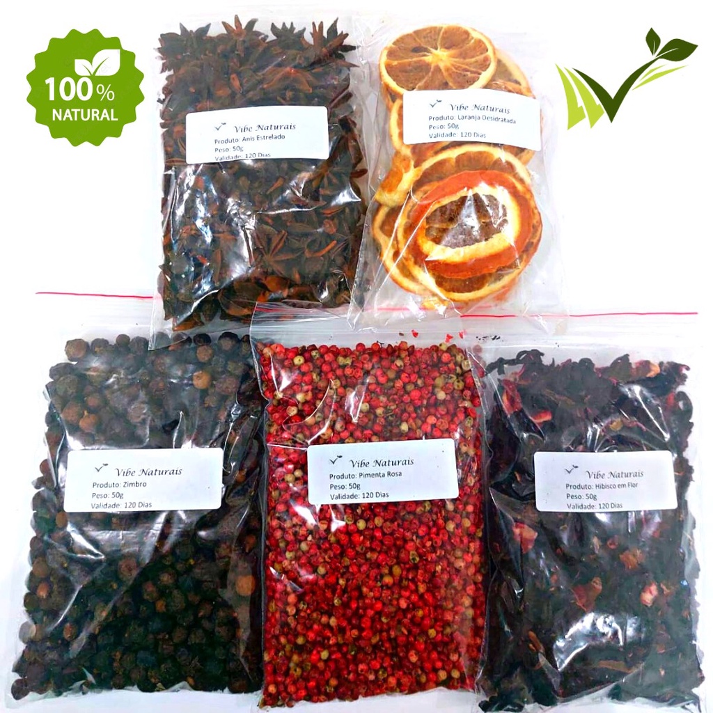 Kit 5 Especiarias Para Gin Pimenta Rosa Zimbro Anis Laranja Hibisco