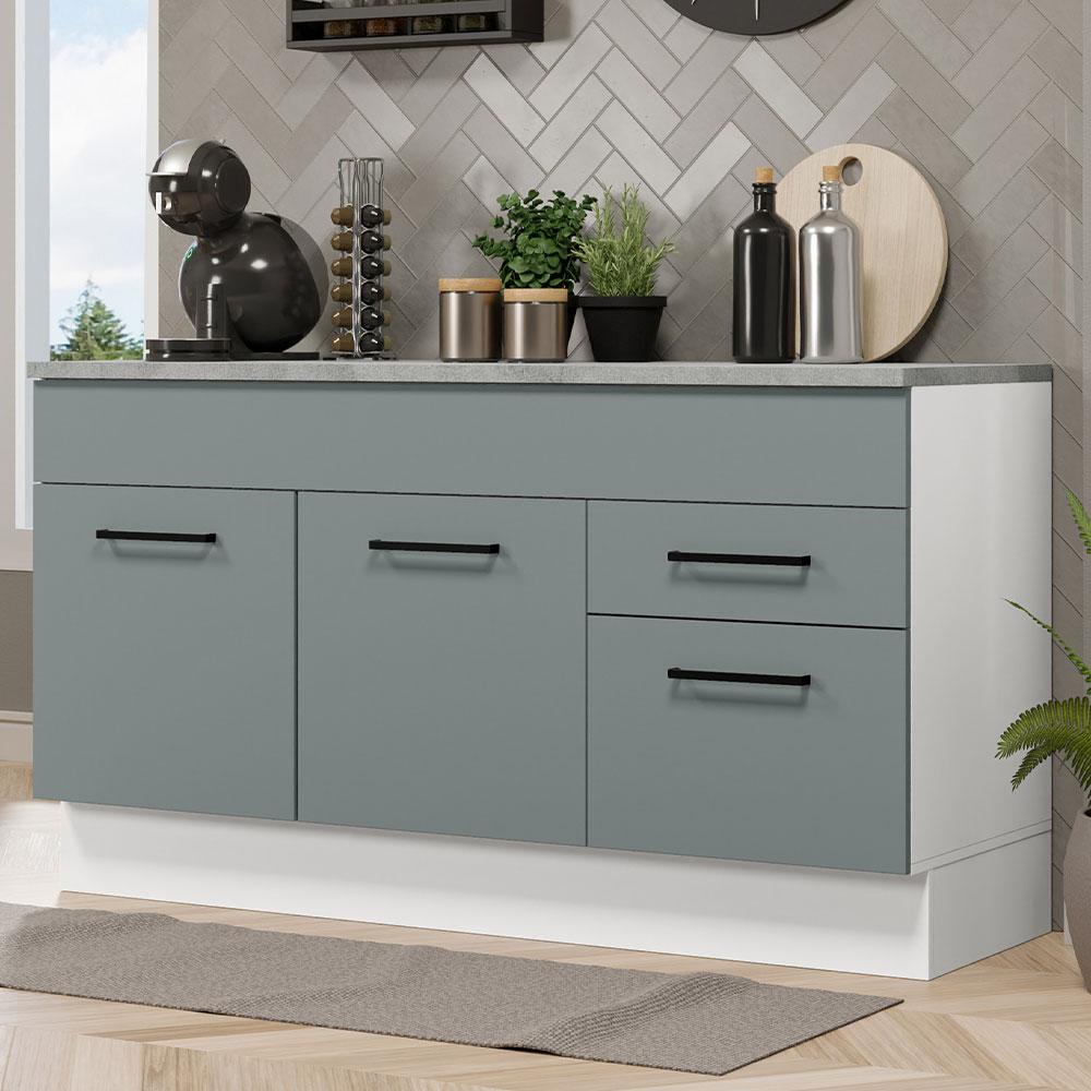 Balcão Gabinete de Pia Cozinha 150 cm 2 Gavetas 2 Portas (Com Tampo) Branco/Cinza Agata Madesa - Home & Living