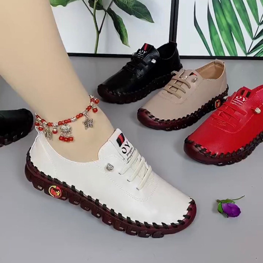 Sapatos ortopédicos de couro macio feminino/costura à mão/sola elástica tamanho grande 33-41