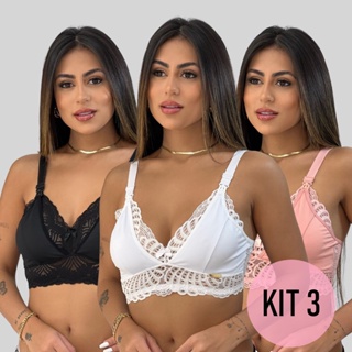 Kit 3 Sutiã Renda Glamour Amamentação Elástico Amamentar Gestante Click Abertura em Oferta na Shopee