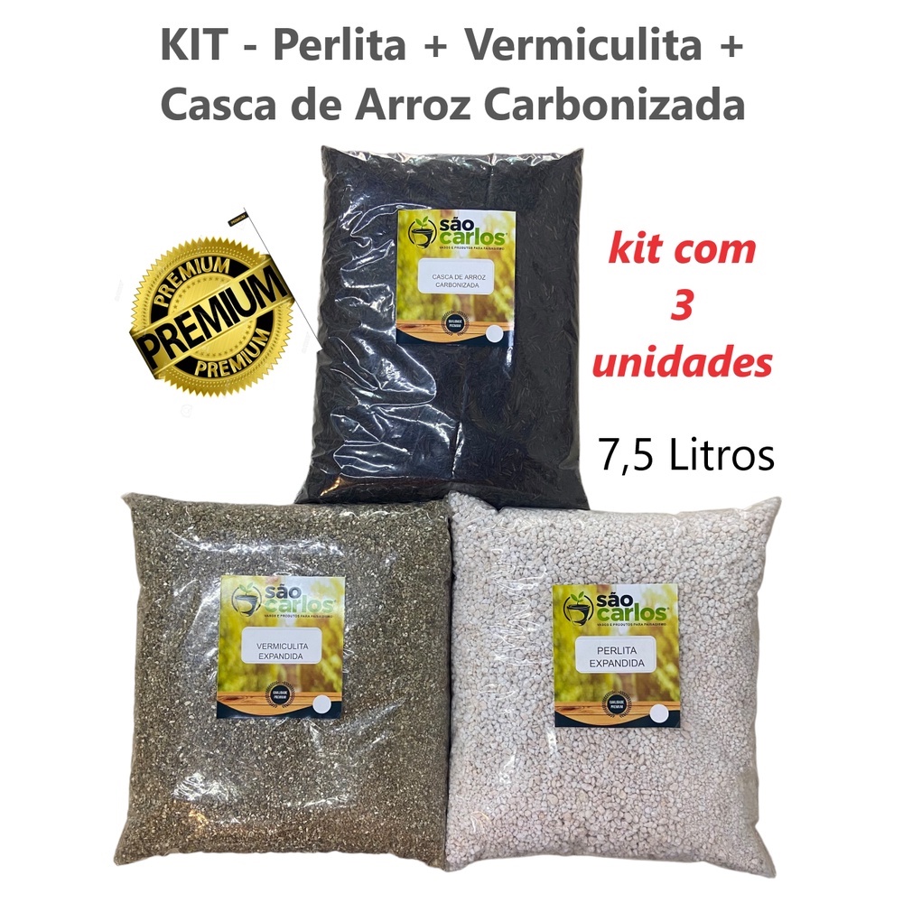 KIT Vermiculita + Perlita + Casca de Arroz Carbonizada - 7,5 Litros Total - (2,5L cada)