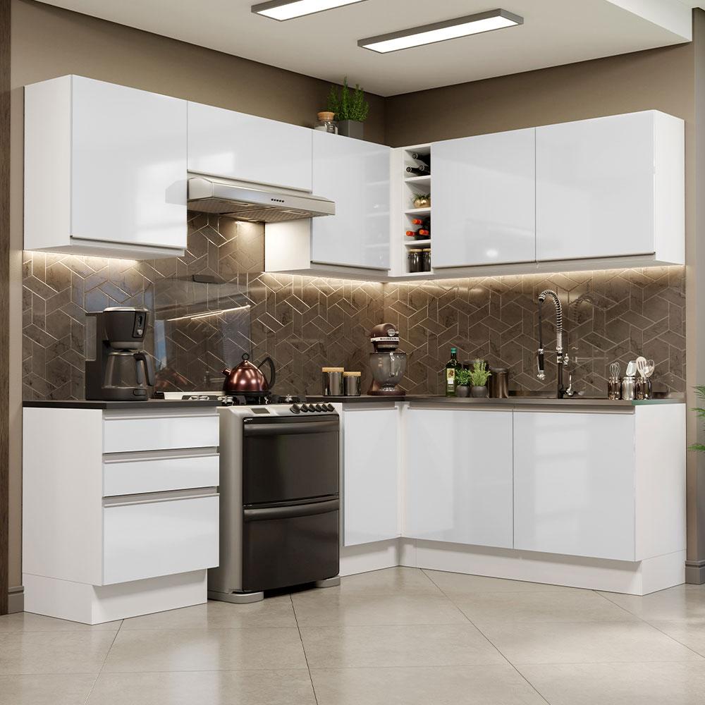 Cozinha Completa de Canto 100% MDF Madesa Acordes 409001 Armário e Balcão - Frentes Branco Brilho - Home & Living