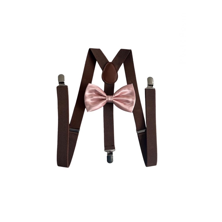 Kit Suspensório Marrom + Gravata Borboleta Rosê Gold K:
