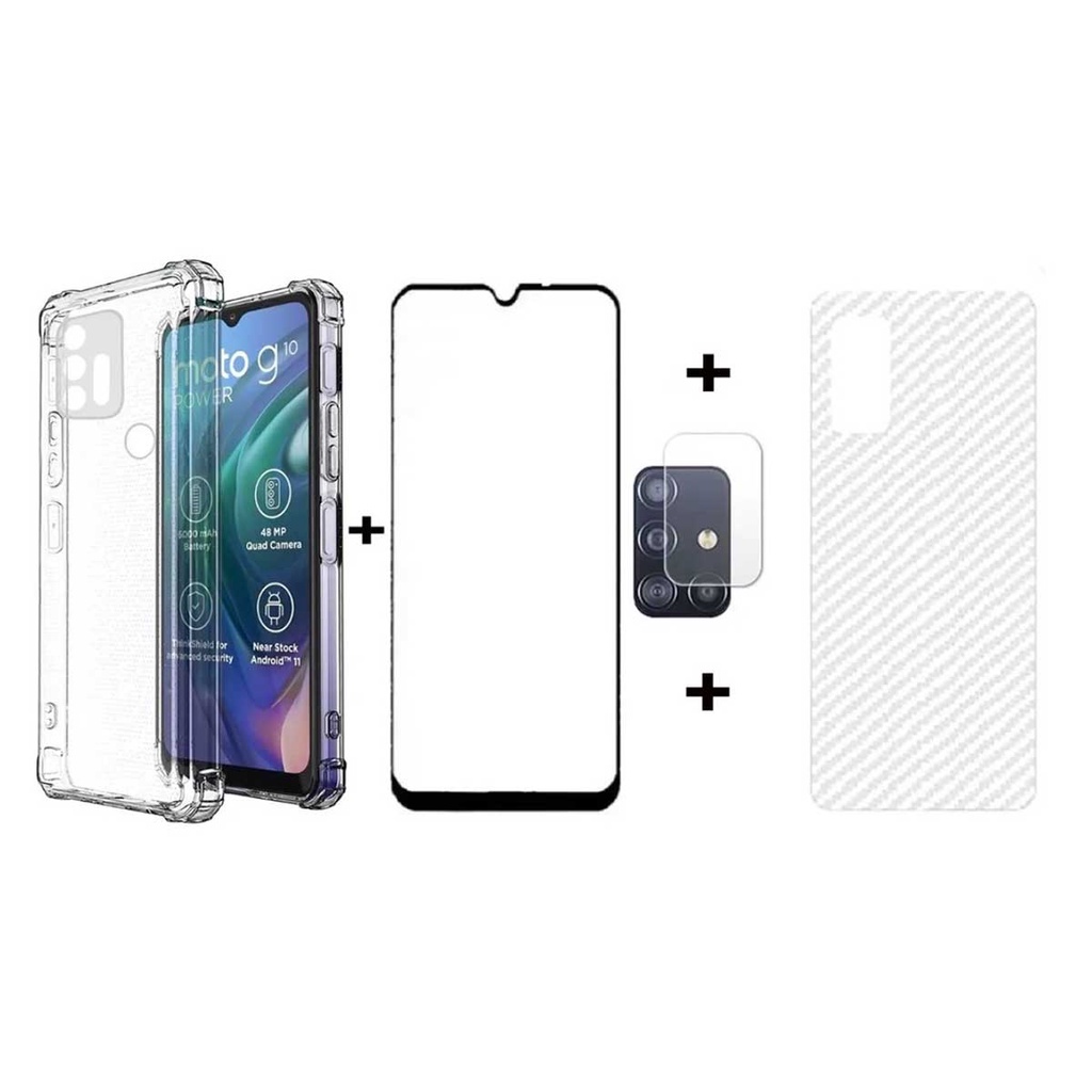 Kit 4x1 Capa Capinha Moto G10 G20 Antiquedas + Película Frontal 5D + Película Fibra Traseira + Película Câmera