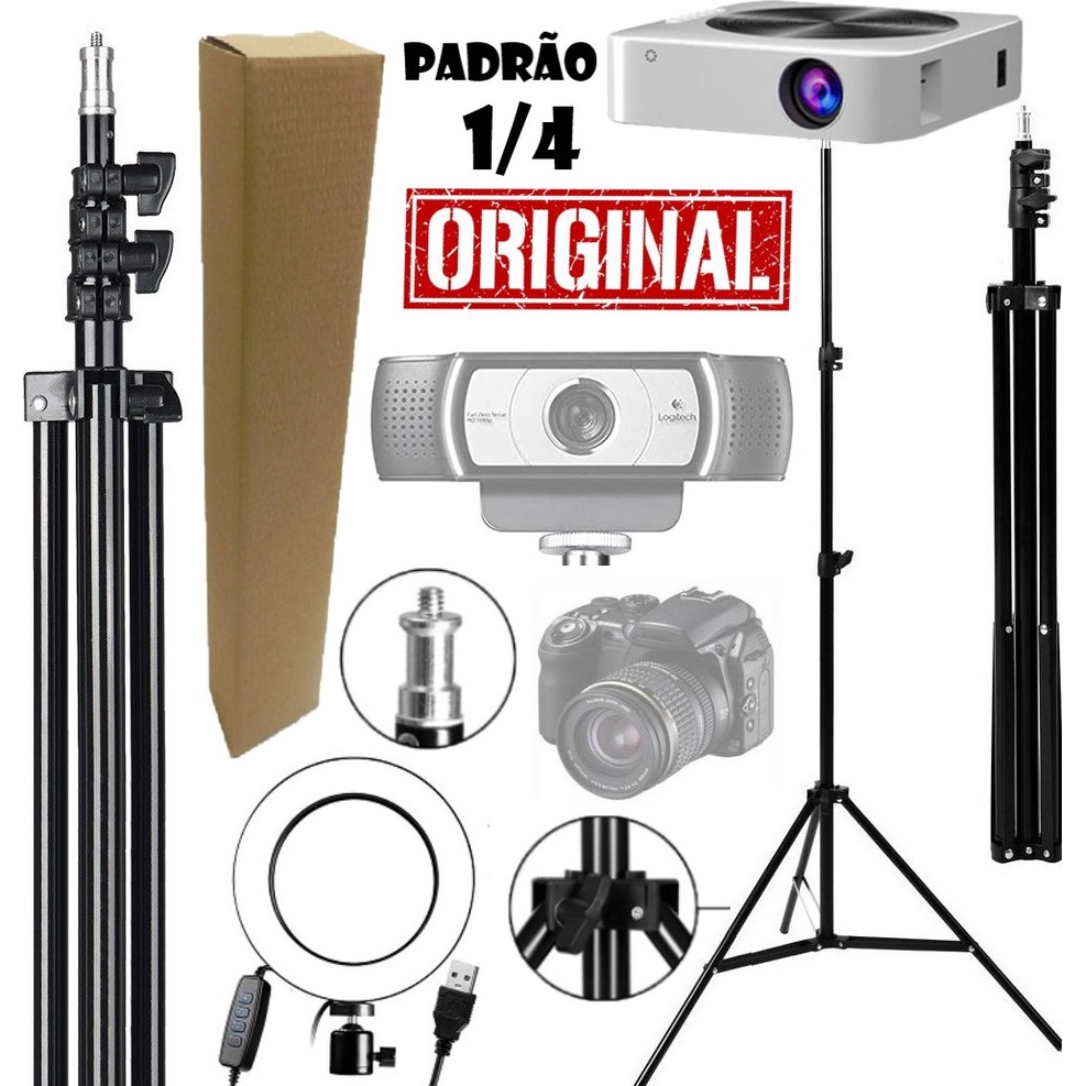 Tripé Grande 2 Metros Pedestal Para Câmera Webcam Celular Projetor Luz Iluminador Ring Light Datashow Universal 1/4 Foto
