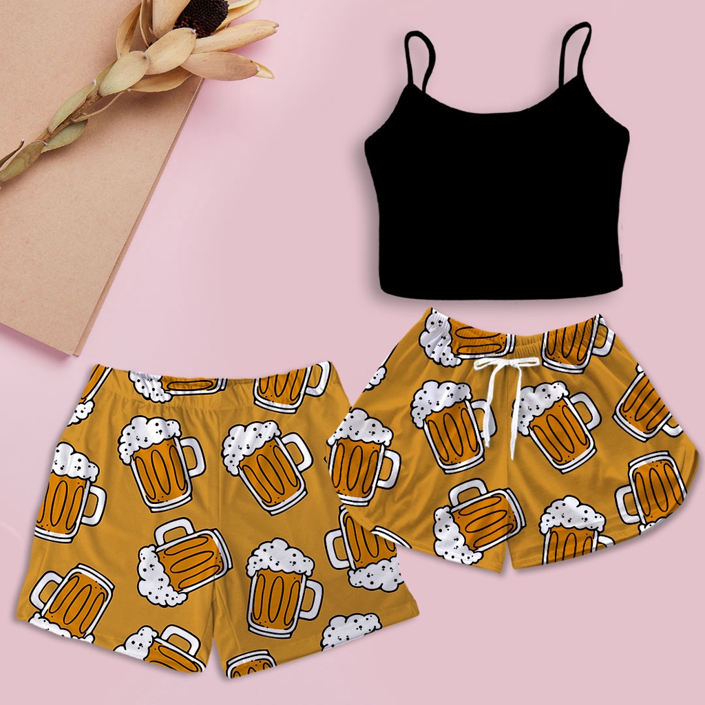 Kit Pijama Casal Amor Cropped Preto Estampa Bier em Oferta na Shopee