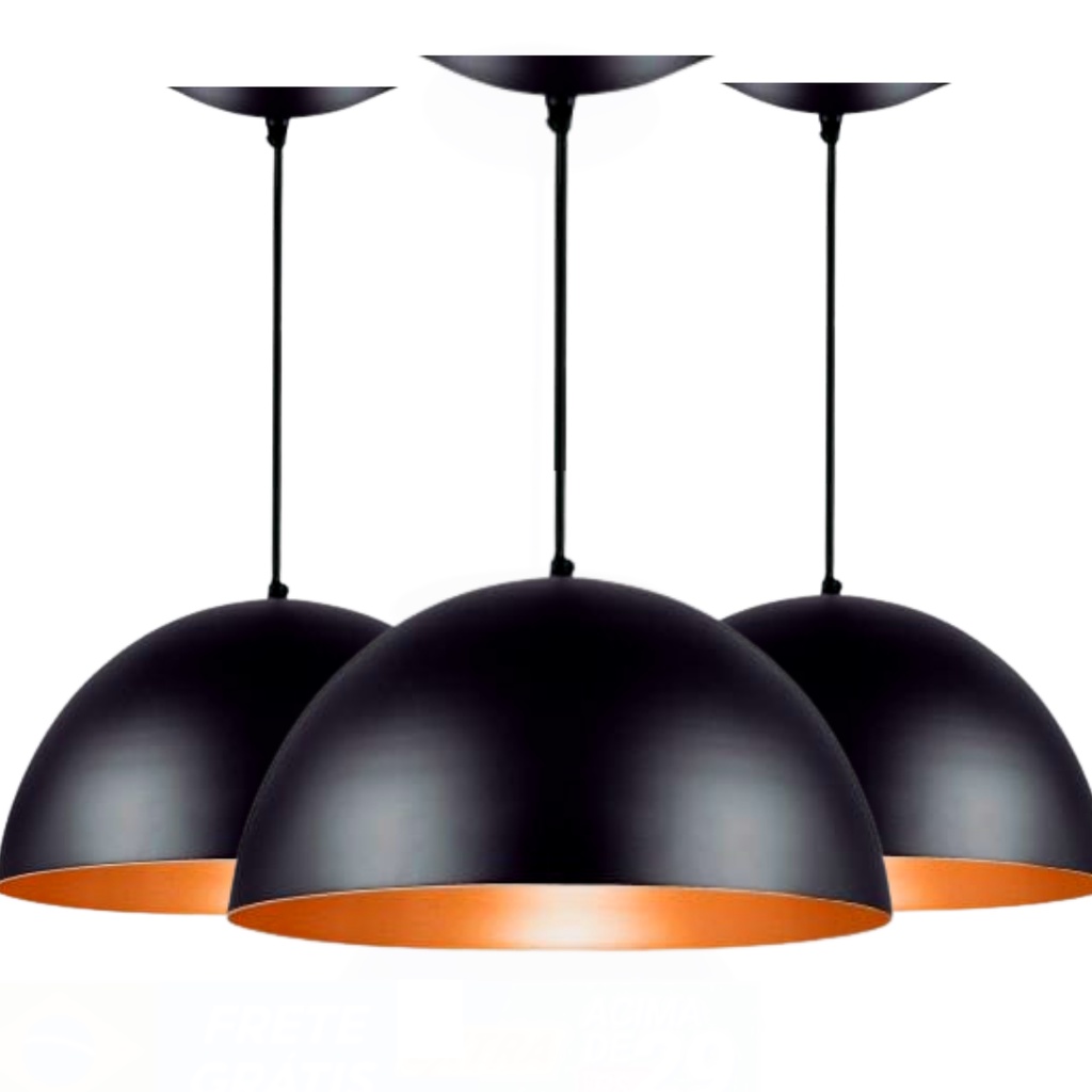 Kit 3 Pendentes Meia Lua 40cm Luminária Teto Bilhar Balcão Cozinha Jantar Mesa Sinuca