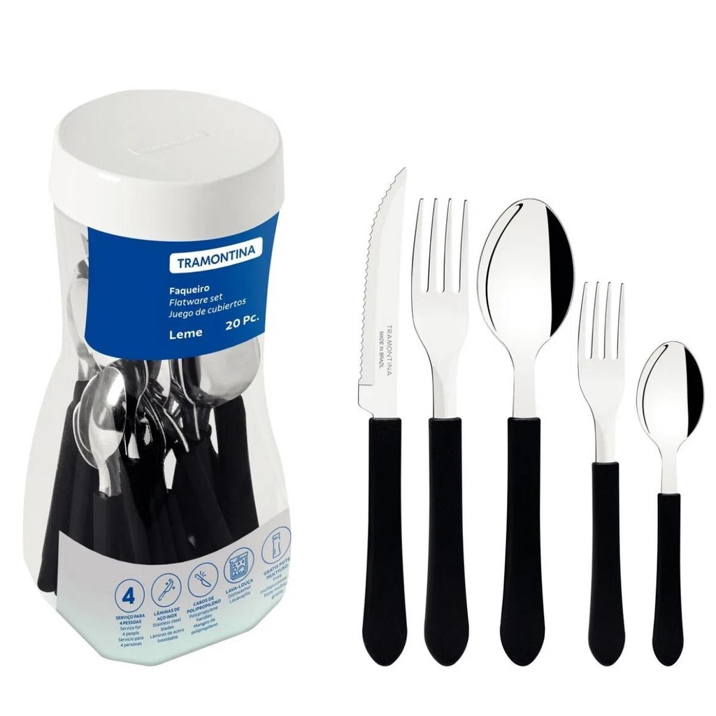 Faqueiro Tramontina Leme com Lâminas em Aço Inox e Cabos de Polipropileno Preto 20 Peças em Oferta na Shopee