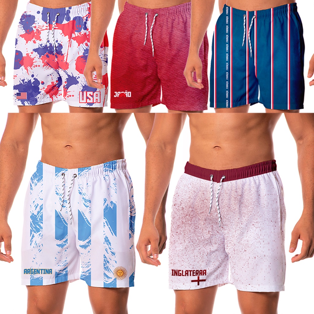 Shorts Masculino com Elastano Futebol Torcedor Países Verão Moda Praia Casual Tecido Leve Adulto Bermuda Masculina