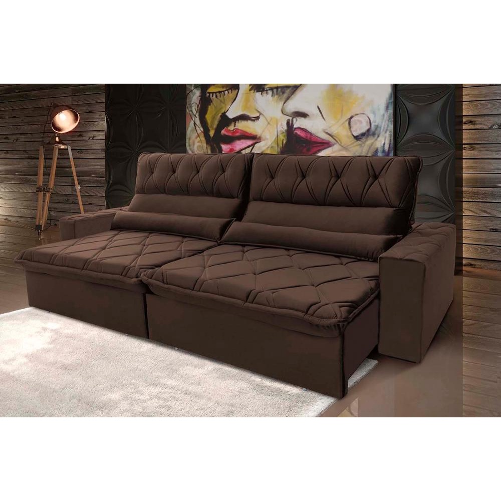 Sofá Retrátil Reclinável França 3,00m Suede Velut Marrom  Molas no Assento - King House - Home & Living