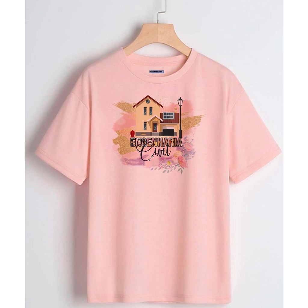 Camiseta Personalizada Rosa Bebê Estampa Engenharia Civil, Camiseta Engenharia Civil 100% Poliéster
