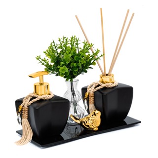 Kit Vidros P/ Lavabo Super Luxo Com Bandeja e Decoração