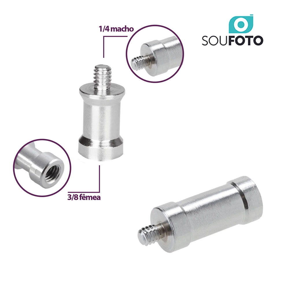 Pino de Engate Rápido Adaptador para Tripés Sou Foto ATI-003 com Encaixe 1/4" Macho para 3/8" Fêmea
