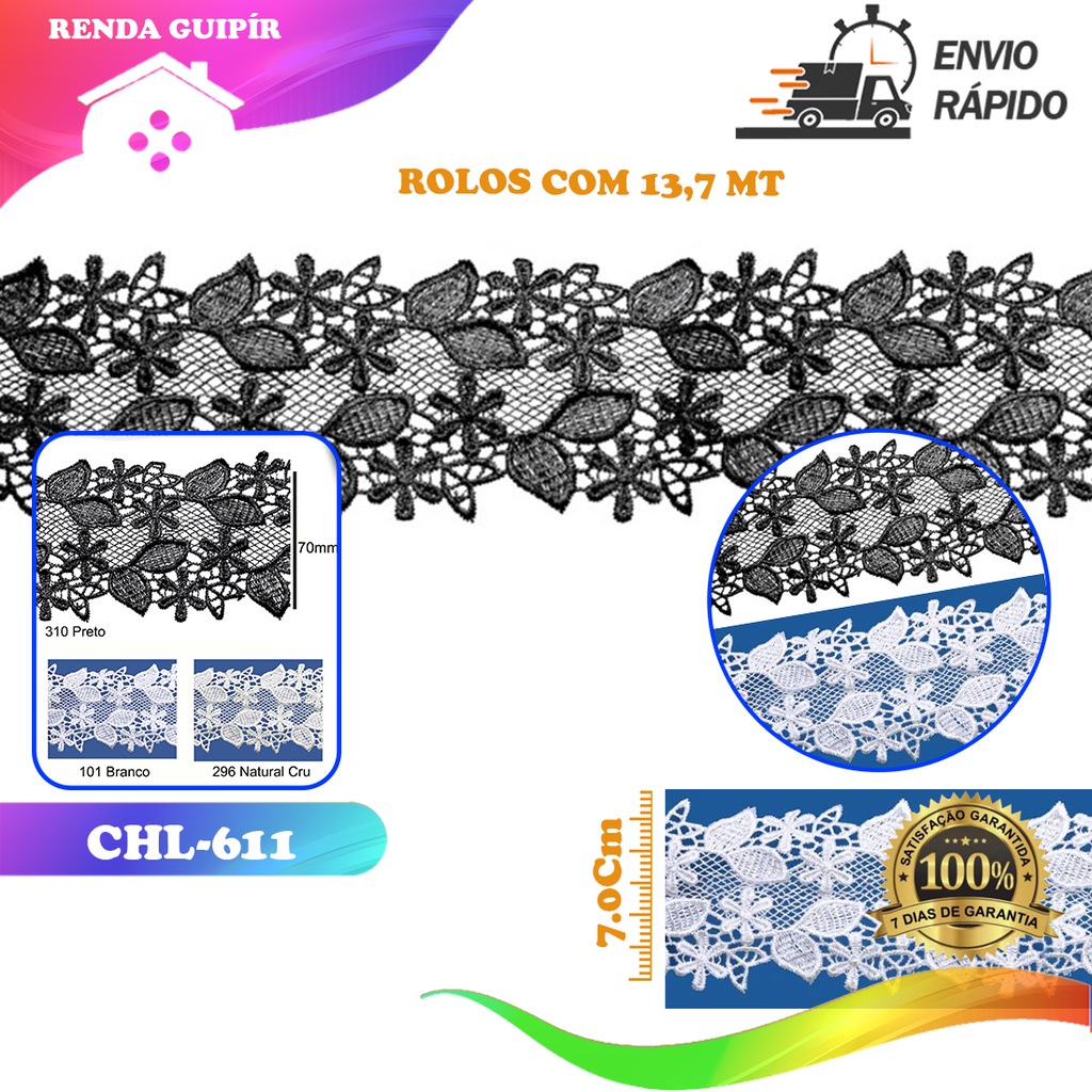 Renda Guipir CHL-611 Entremeio - 7.0 Cm -  Rolo C/13.7 Metros