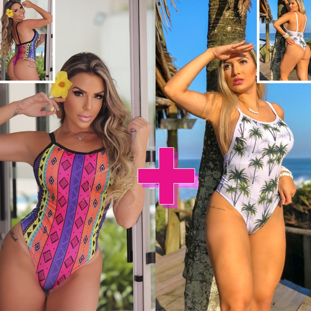 Kit 2 Maiôs Feminino Body Cavado de Alça Estampado Liso Maio Moda Praia