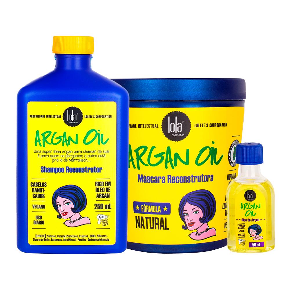 Kit Lola Cosmétics Reconstrução Argan Oil - Shampoo e Máscara de Reconstrução e Óleo Capil...