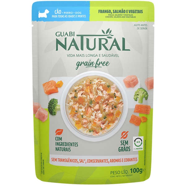 Ração Úmida Guabi Natural Grain Free Sachê Frango, Salmão e Vegetais para Cães 100g