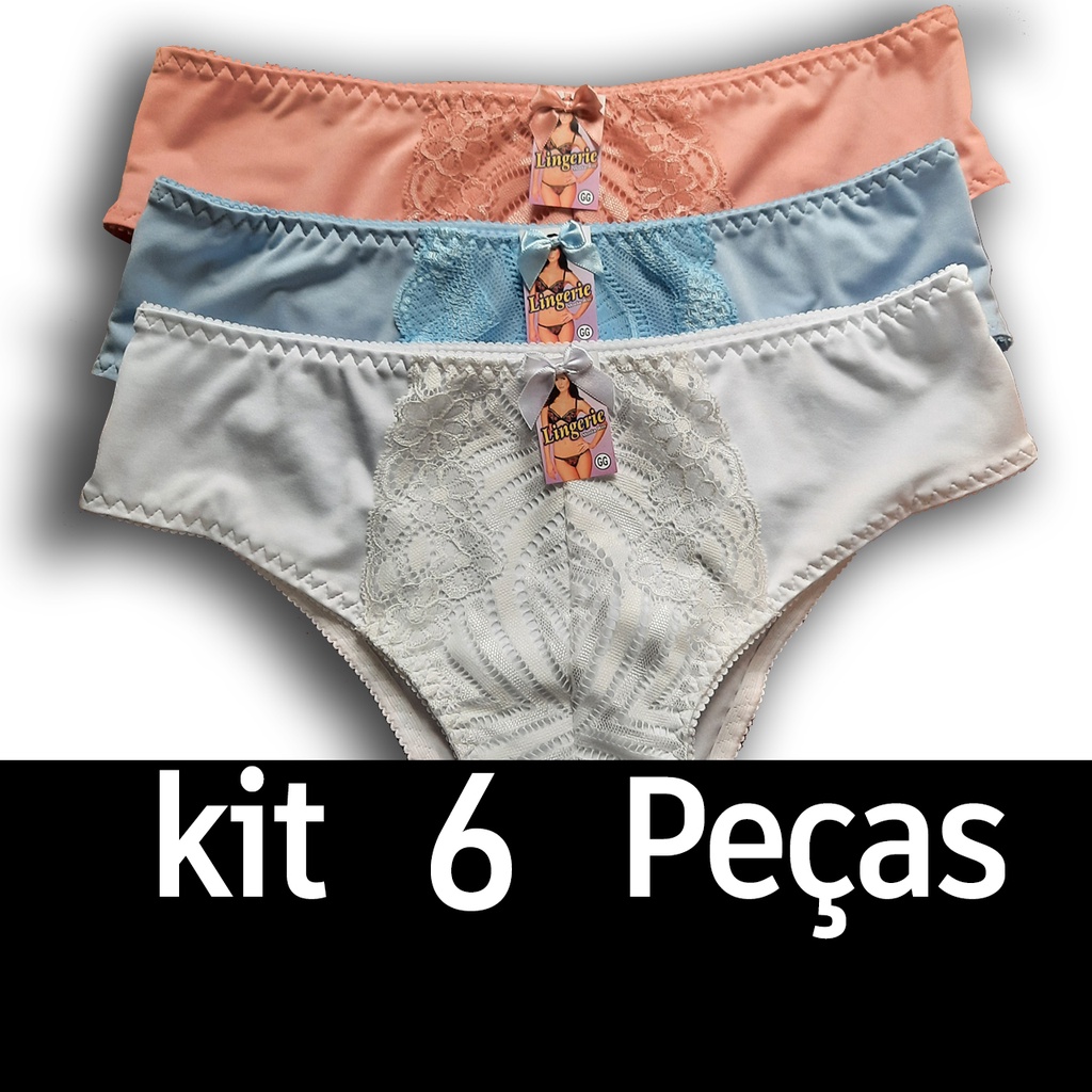kit 6 Calcinhas Senhora calsola femininas com renda na frente e lateral calçola forro de algodão em Oferta na Shopee