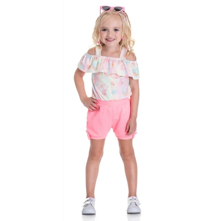 Conjunto feminino infantil  8652 menina camiseta cotton pa short molecotton shorts molicotton randa  mundu verao