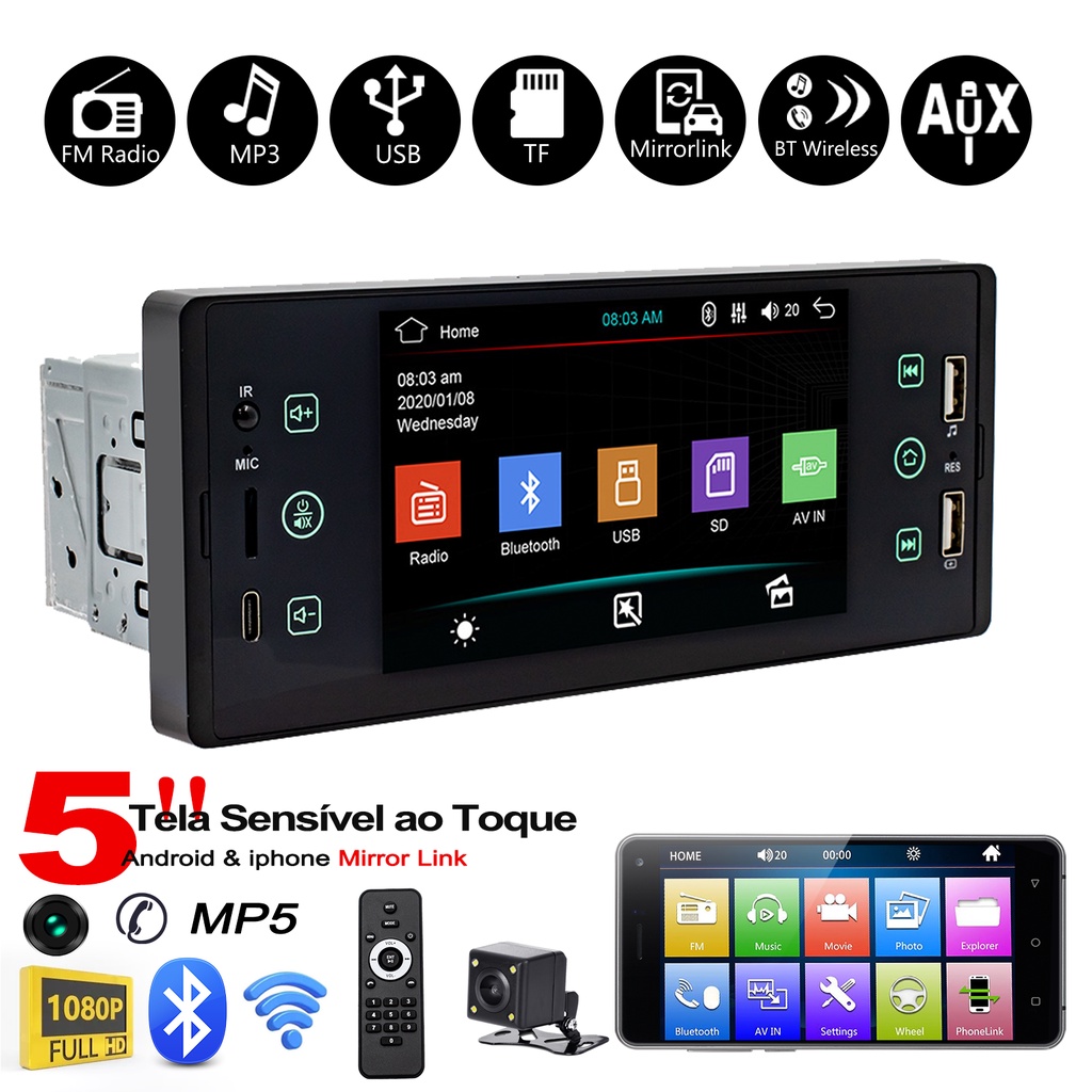 ESSGOO 5'MP5 Player 1 Din Rádio Estéreo Do Carro IPS Touch Screen Wince