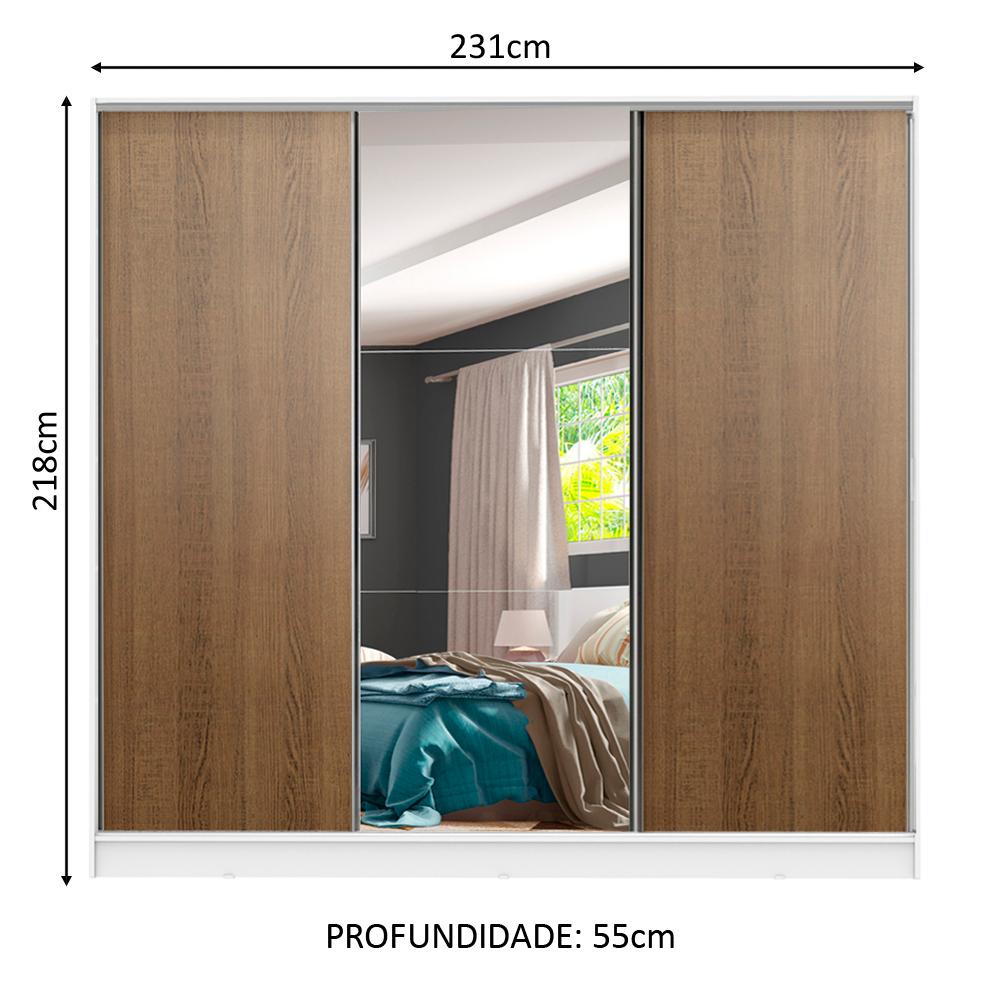 Detalhes do Guarda Roupa Juvenil 100% MDF Madesa Kevin 3 Portas de Correr com Espelho - Branco/Rustic