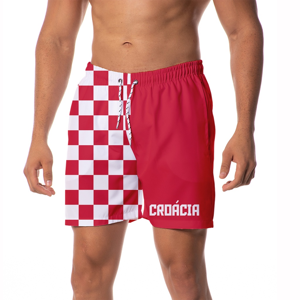 Shorts Bermuda Masculina Estampada Full Futebol Torcedor Países Verão Praia Moda Cores Tecido Leve c/ Elastano Masculino