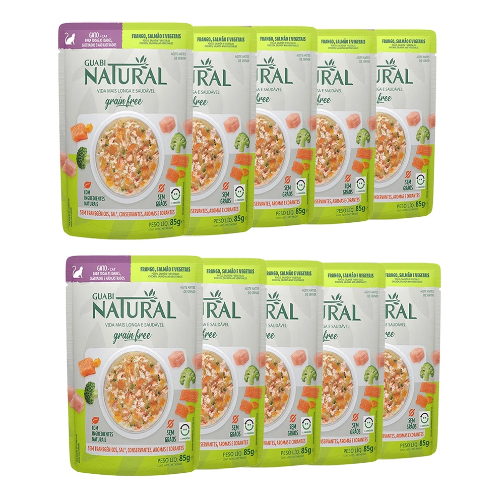 KIT 10 Ração Úmida Guabi Natural Grain Free Sachê Gatos Castrados Salmão E Frango - 85g