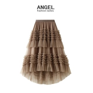 [3 Cores] ANGEL Moda Saia midi Feminina Cor Sólida De Malha irregular Coreana Cintura Alta Linha A Tutu Tulle Longa De Bolo Para Mulheres