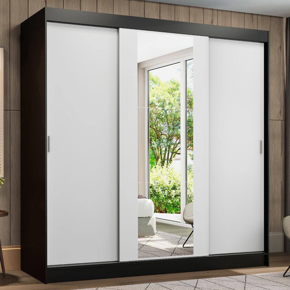 Guarda-Roupa Casal Madesa Reno 3 Portas de Correr com Espelho - Preto/Branco em Oferta na Shopee