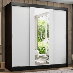Guarda-Roupa Casal Madesa Reno 3 Portas de Correr com Espelho - Preto/Branco
