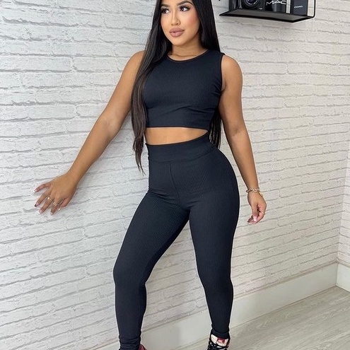 Conjunto Feminino Calça e Cropped Regata Canelado