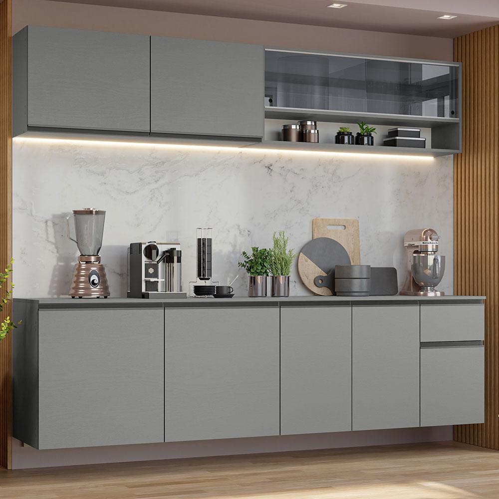 Armário de Cozinha Completa Suspenso 240cm Cinza Nice Madesa 05 em Oferta na Shopee