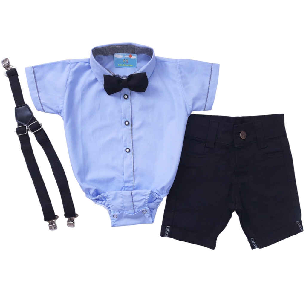 Roupa Social Infantil Menino Body Camisa, Bermuda, Com Suspensório, Conjunto Bebê Masculino Festa