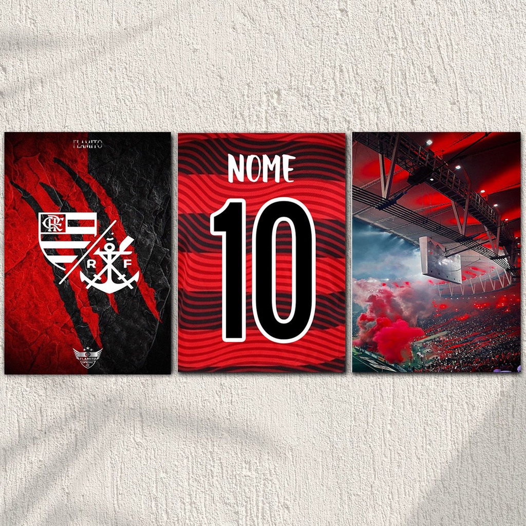 Kit 3 Quadros Decorativos Flamengo Personalizado Campeão Futebol