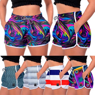 Shorts Feminino Moda Praia Verão Geométrica Listras Listrado Floral Florido Cacto Flores Bermuda Estampada Estampa Full Poliéster com Elastano Academia Treino Casual Básico Colorido Cores Degrade Azul Preto Verde Rosa Tendência Piscina Adulto Promoção