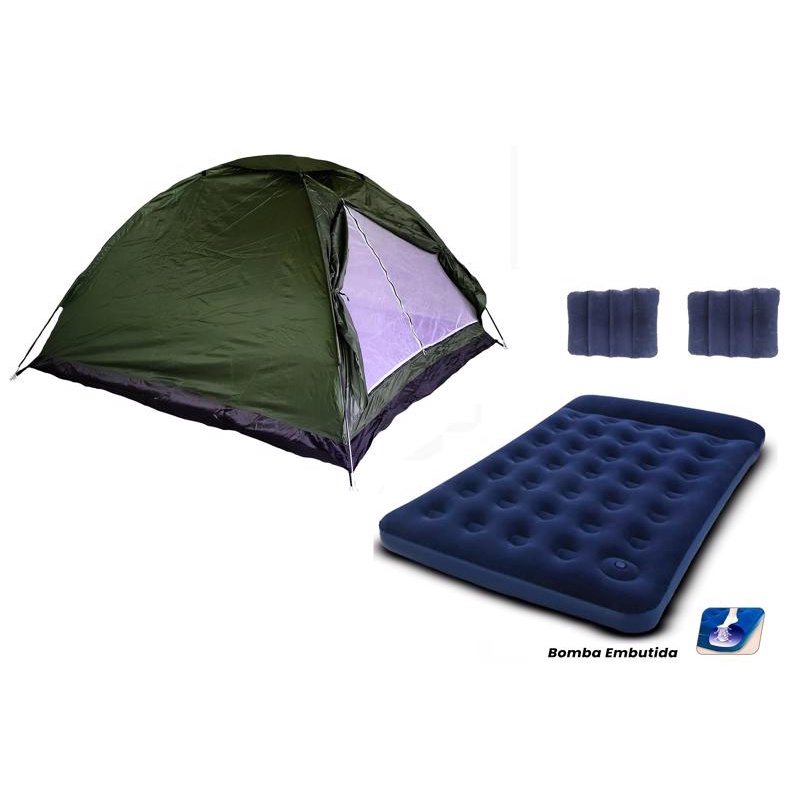 BARRACA CAMPING + COLCHÃO CASAL C/ INFLADOR + 2 TRAVESSEIROS