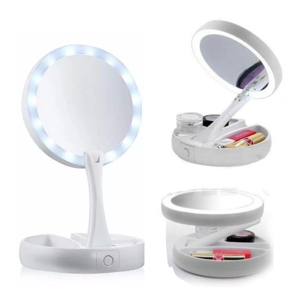 Espelho De Luz Led Dobrável Aumenta 10x Maquiagem Portátil