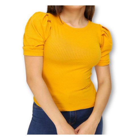 Blusa feminina canelada gola rasa manga curta bufante princesa blogueira