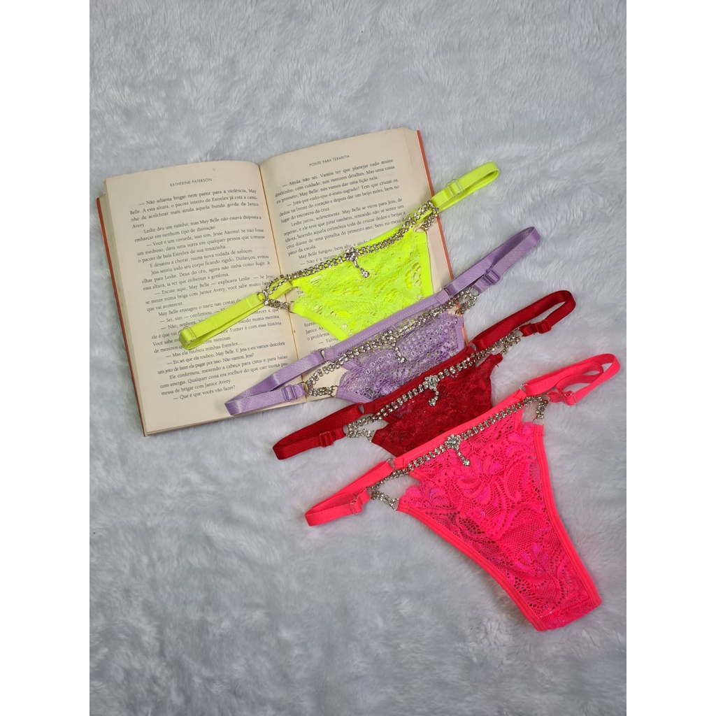 Calcinha Fio Dental Neon Pingente Strass Sexy Renda Luxo Tanga Sensual