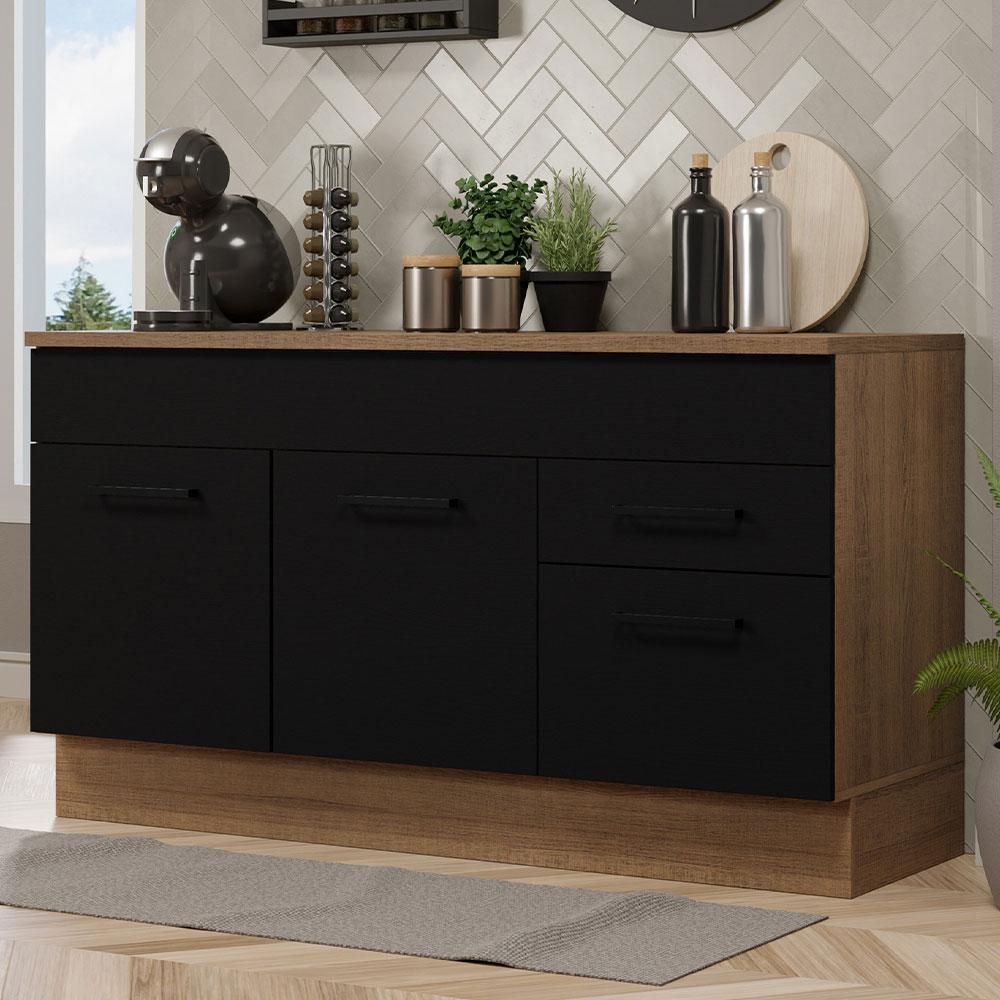 Balcão Gabinete de Pia Cozinha 150 cm 2 Gavetas 2 Portas (Com Tampo) Rustic/Preto Agata Madesa em Oferta na Shopee