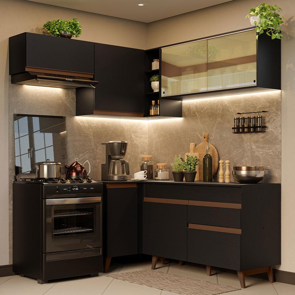 Armário de Cozinha Completa de Canto 332cm Preto Reims Madesa 03 - Home & Living